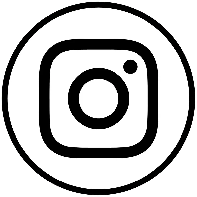 Black and white Instagram logo inside a circular border.