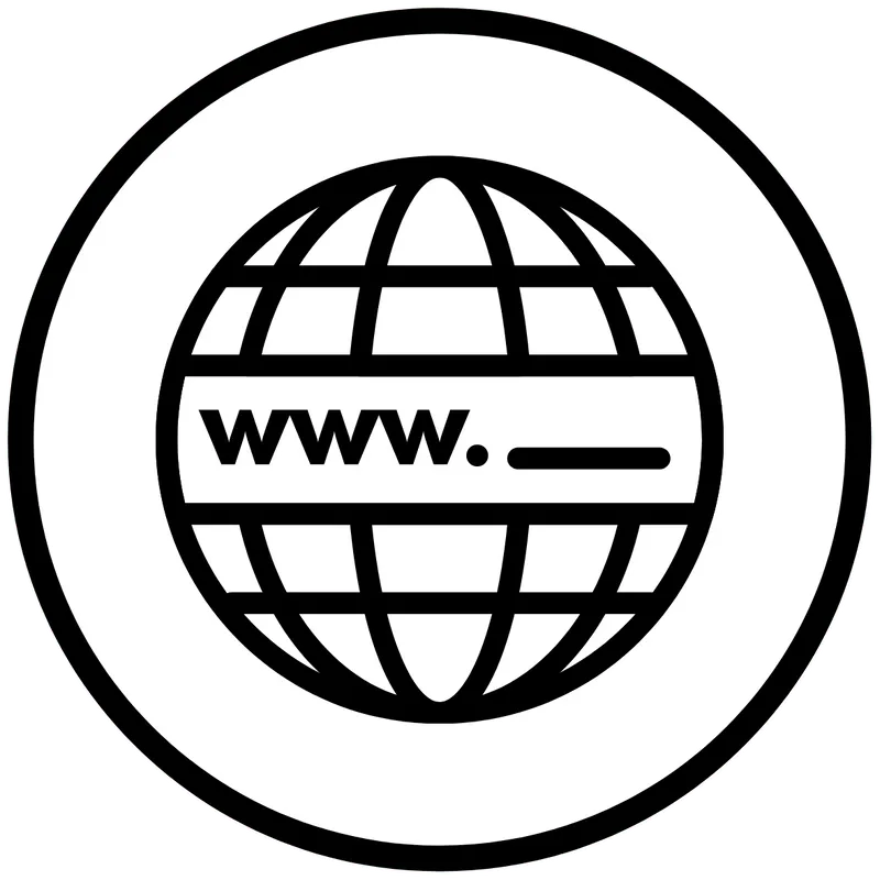 Icon of a globe with horizontal and vertical lines and a strip across the middle displaying 'www.'