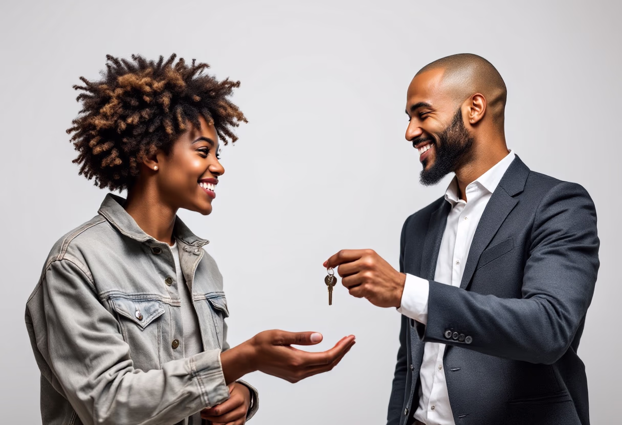 image of a new homeowner receiving keys from a real estate agent