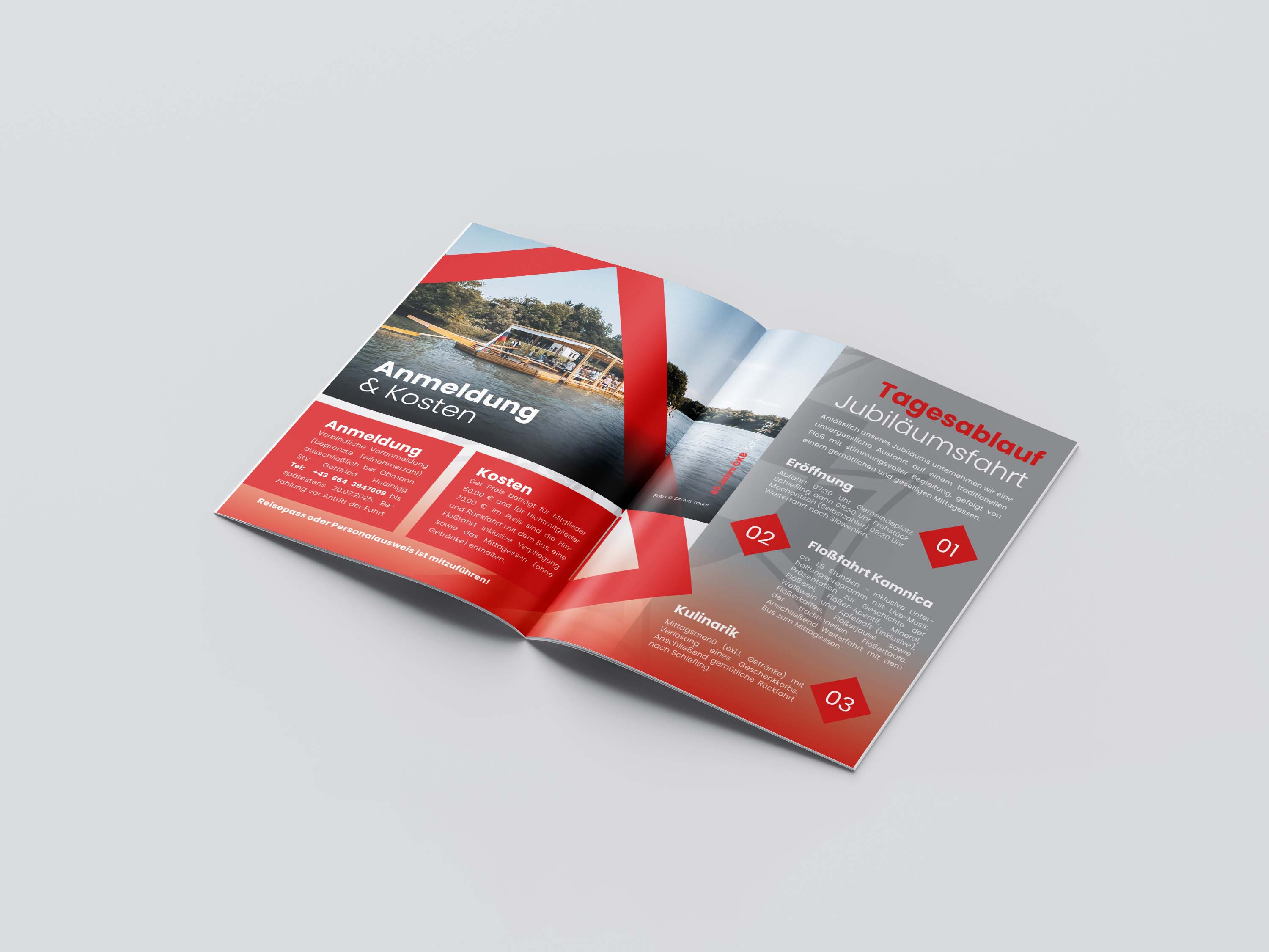 Aufgeschlagenes Informationsheft mit Details zu Anmeldung, Kosten und Tagesablauf einer Jubiläumsfahrt mit Flossfahrt, Eröffnung und Kulinarik.