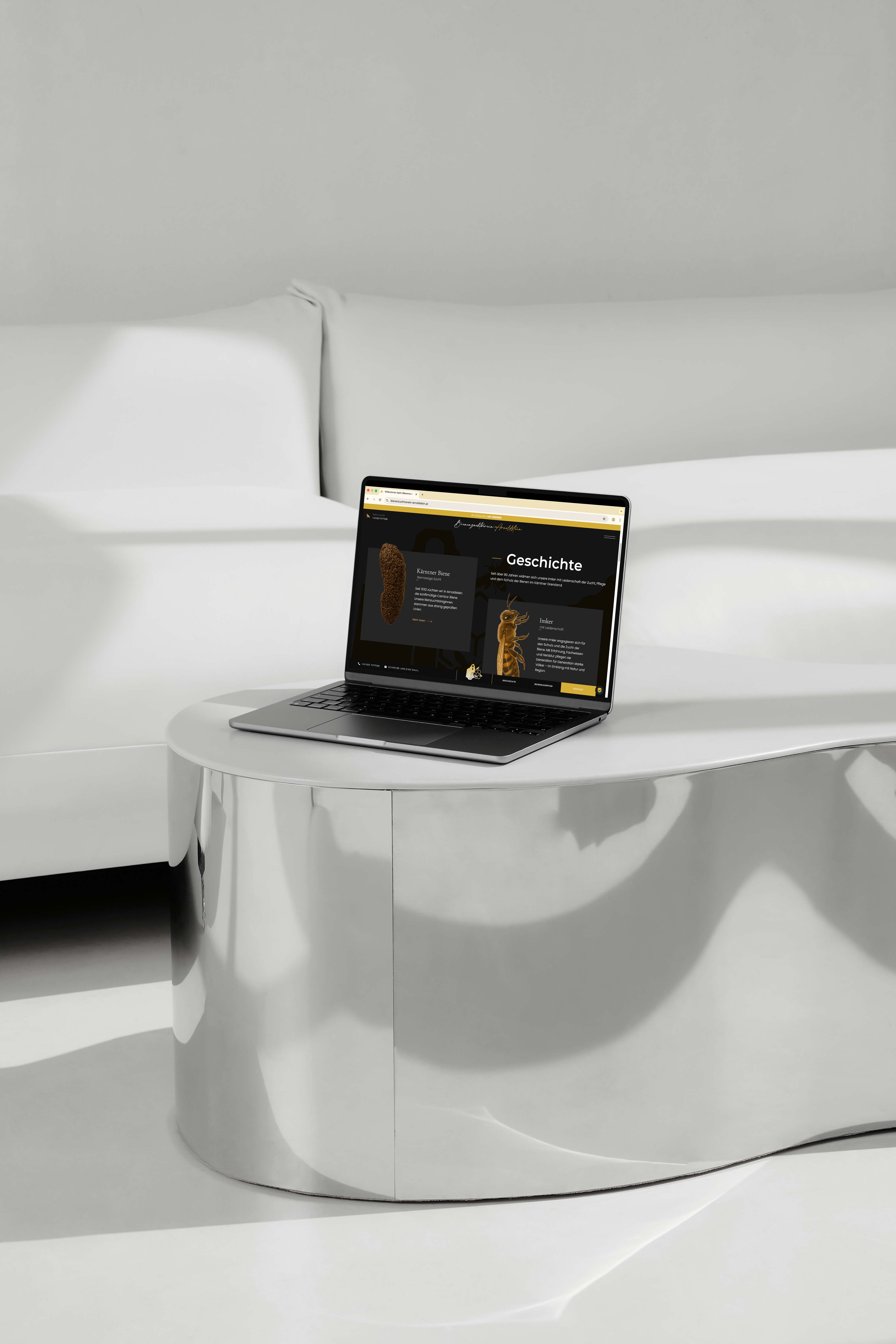 Laptop auf einem glänzenden silbernen Couchtisch vor einem weißen Sofa, Bildschirm zeigt eine Webseite mit dem Titel 'Geschichte'.