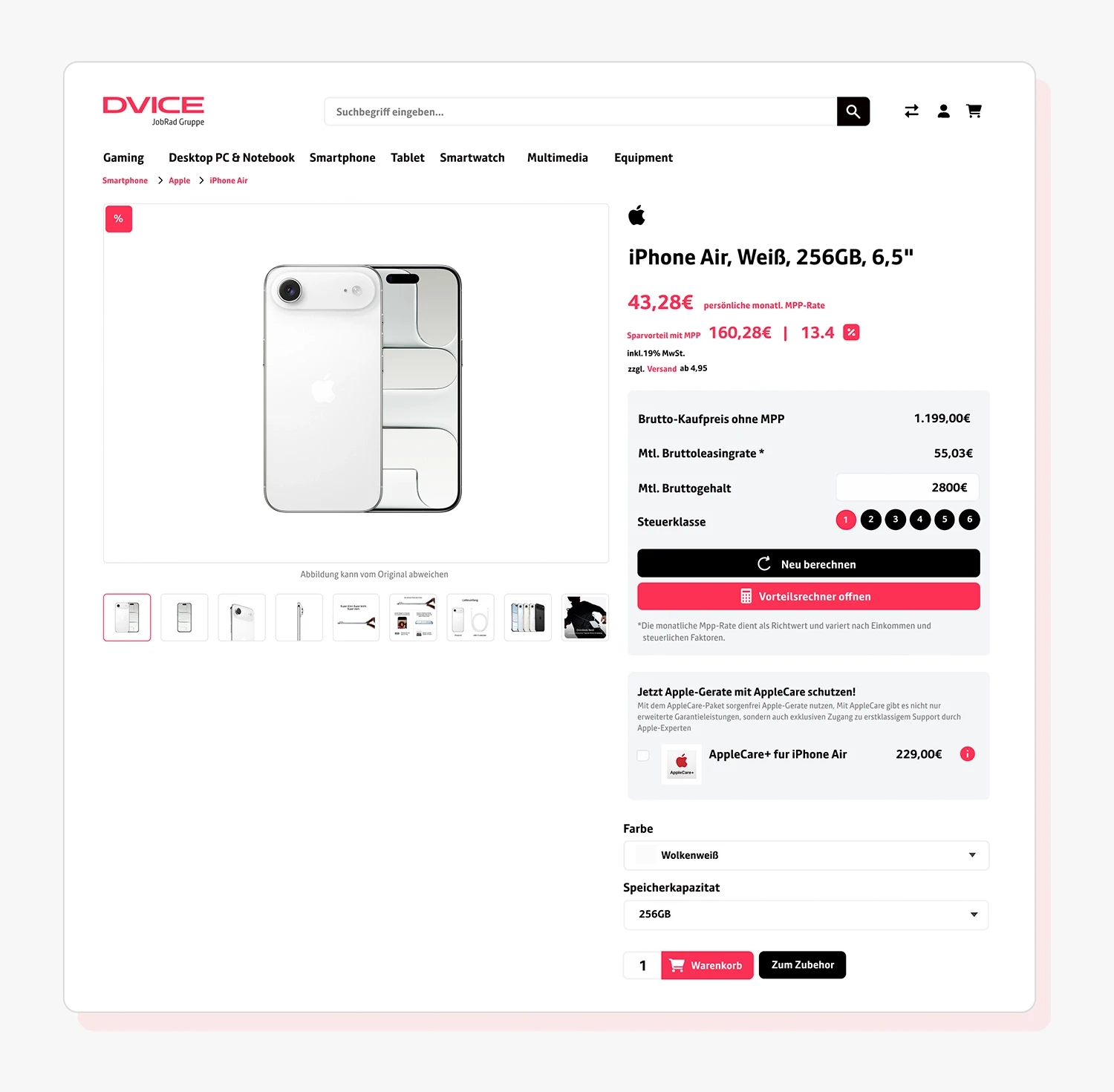 Effiziente Hardware-Auswahl im DVICE Shop: Die Produktdetailseite eines iPhone Air zeigt den integrierten Vorteilsrechner für das Mitarbeiter-PC-Programm (MPP) der JobRad Gruppe – IT-Leasing durch Gehaltsumwandlung mit transparenter Darstellung der Ersparnis.