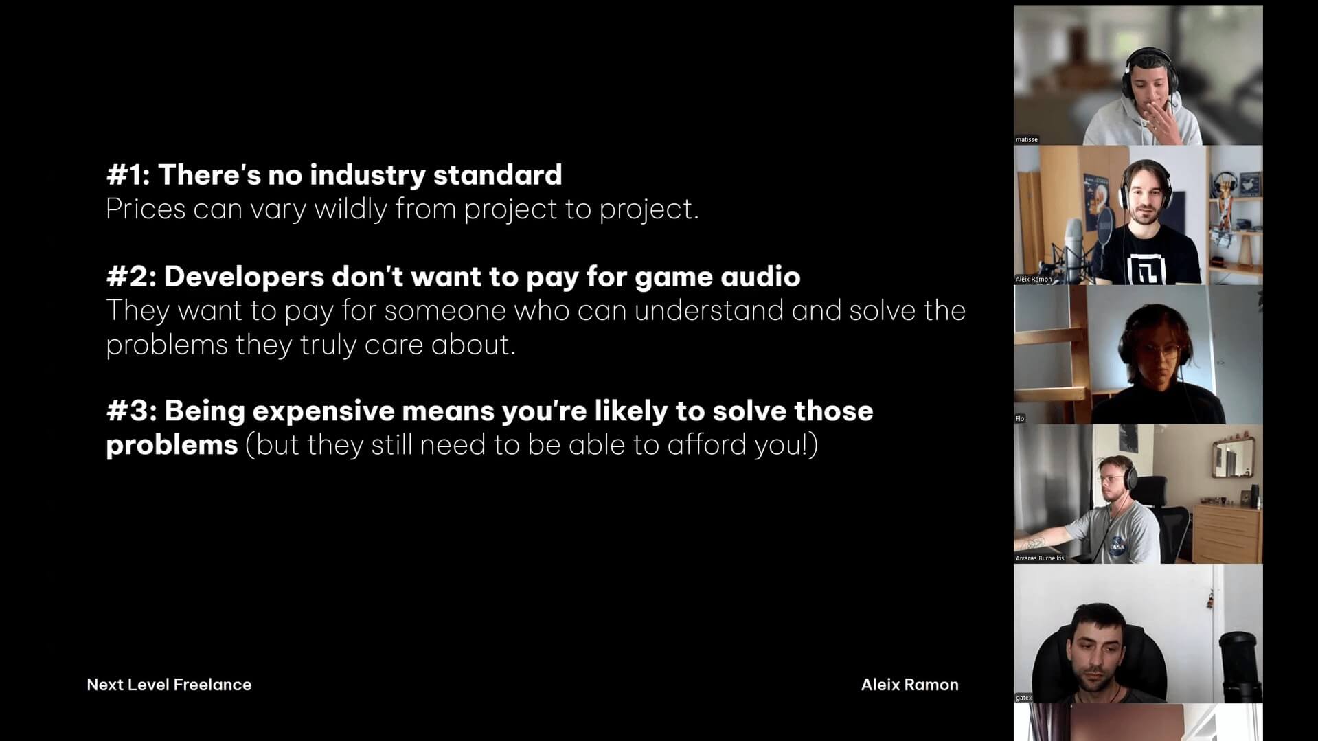 Virtual meeting screen showing five participants and a slide titled 'Three Facts Recap' with key points on game audio industry pricing and developer preferences.