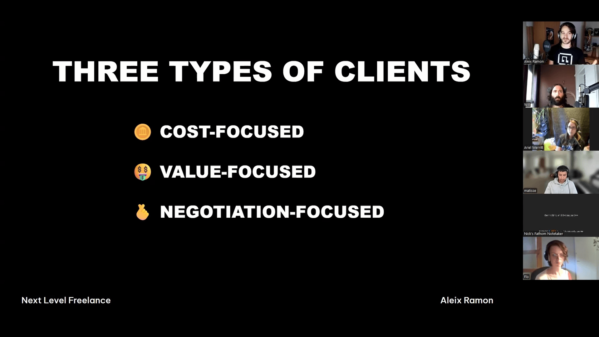 Presentation slide titled Three Types of Clients listing Cost-Focused, Value-Focused, and Negotiation-Focused with related icons, alongside a video call with six participants.