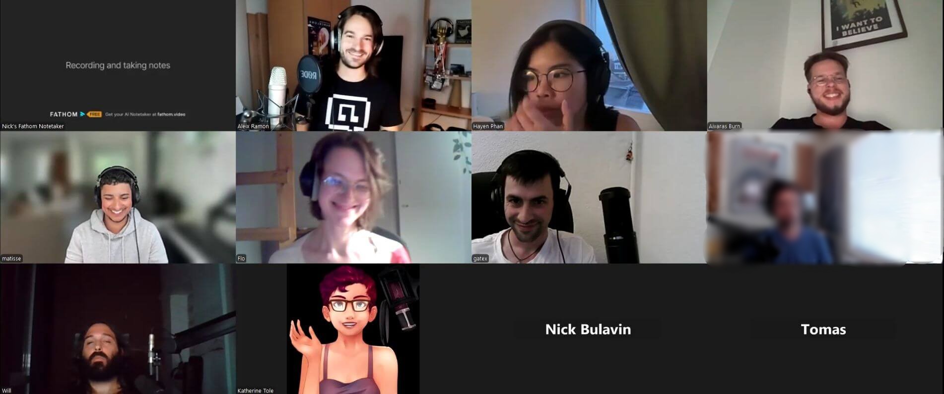 Grid view of a virtual meeting with eight live participants including a man with a microphone, a woman with glasses, and an animated avatar, plus three participants off-camera with names displayed.