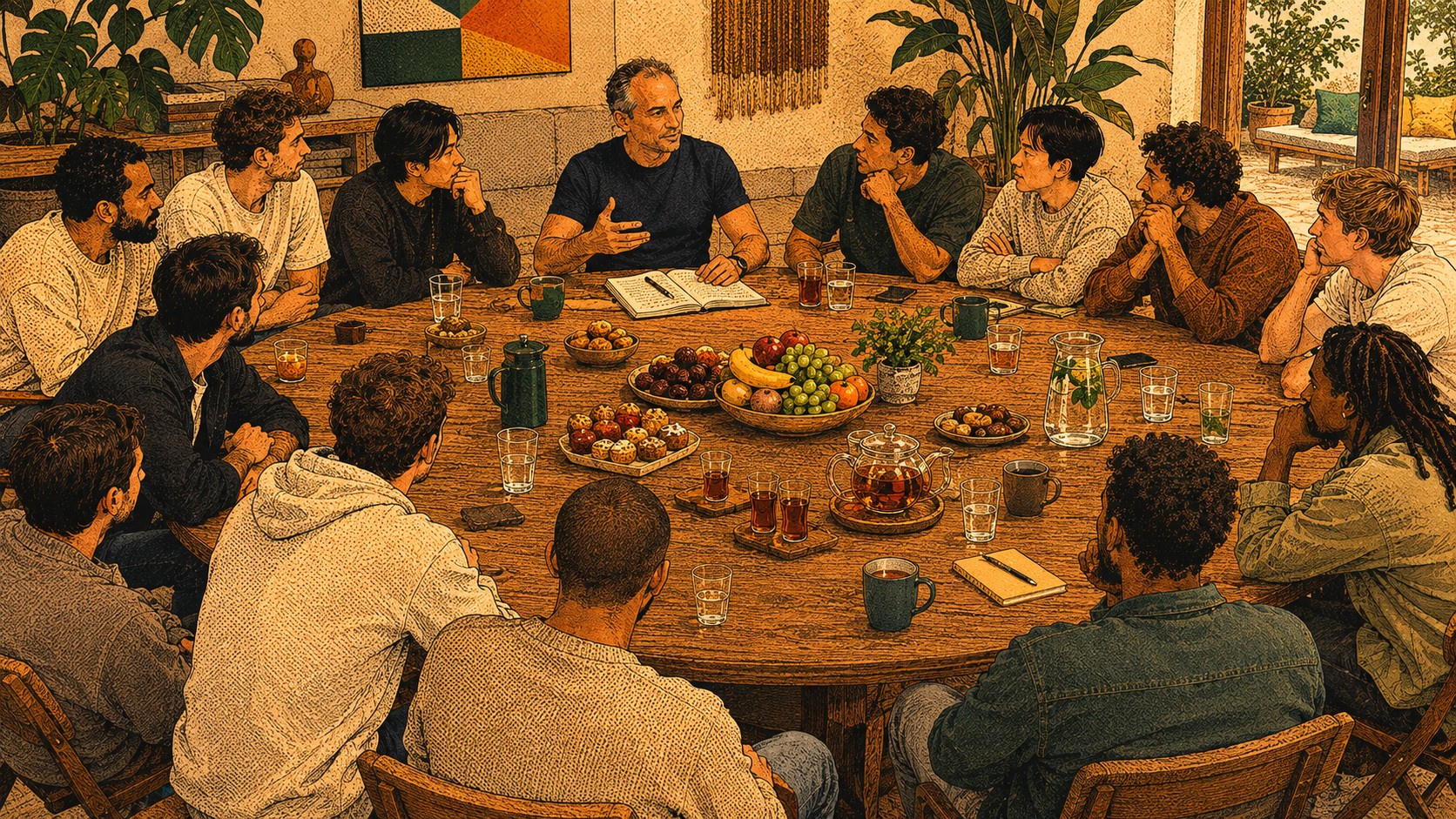 Broeders in gesprek rond een grote tafel tijdens een gathering van De Explorer