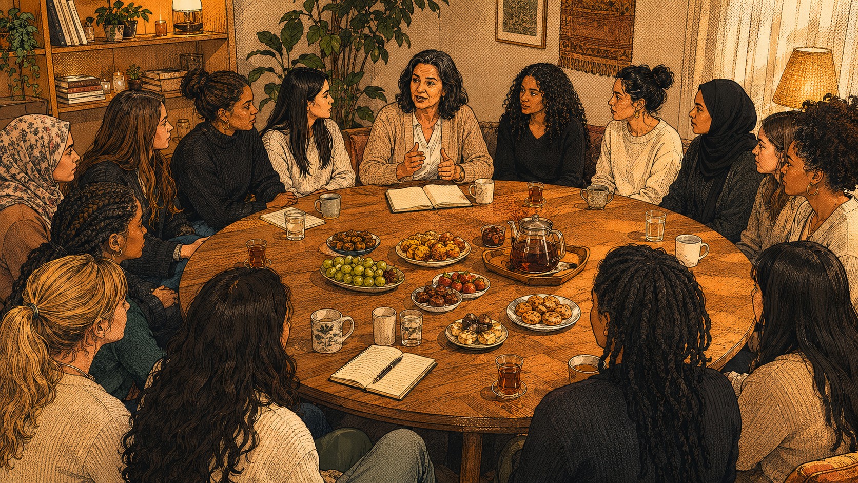 Zusters in gesprek rond een grote tafel tijdens een gathering van De Explorer