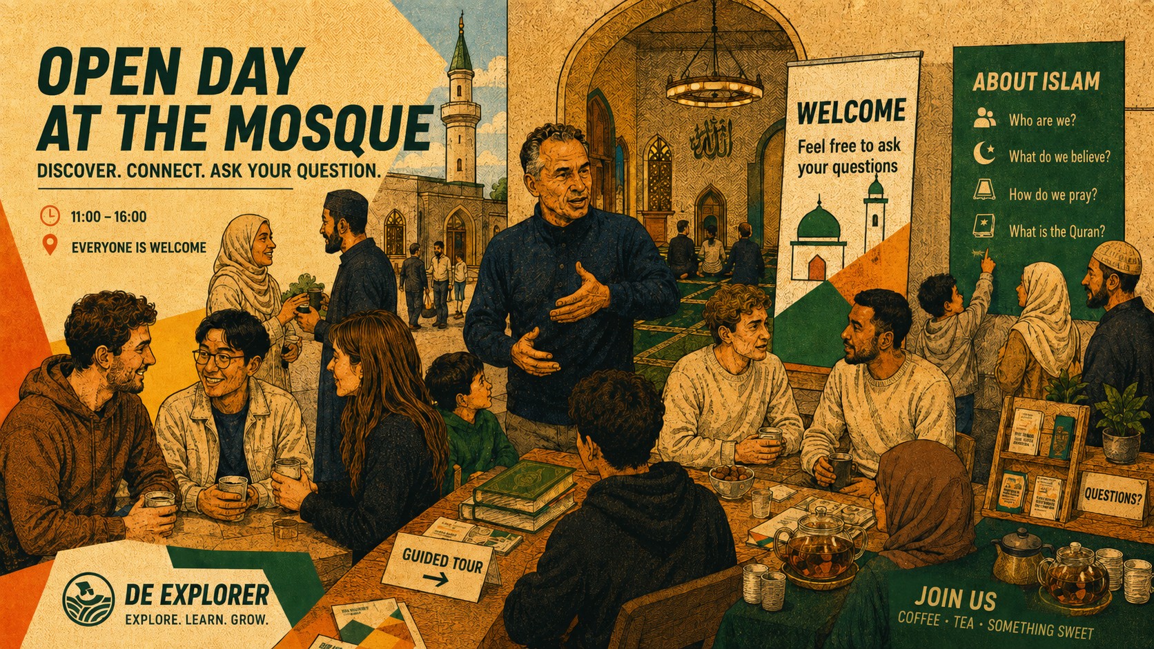 Open day at the mosque: visitors talking, a guided tour and tea