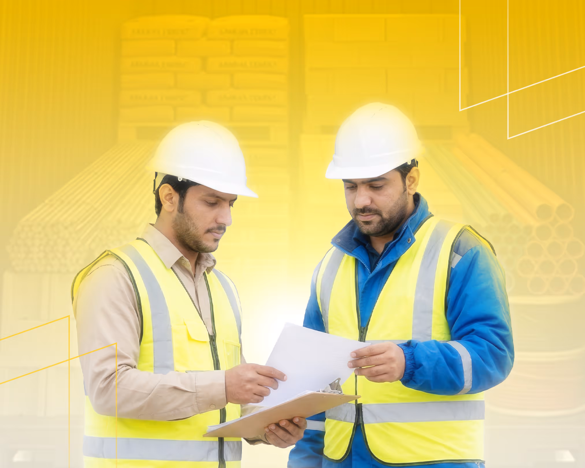 عاملان يرتديان خوذاً وسترات عاكسة يناقشان أوراقاً في مكان عمل صناعي.