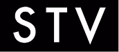 شعار كبير الحروف STV بتصميم بسيط باللون الأبيض على خلفية سوداء.