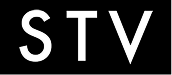 شعار كبير الحروف STV بتصميم بسيط باللون الأبيض على خلفية سوداء.