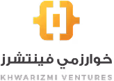 شعار خواريزمي فينتشرز مع رمز برمجي ذهبي وأسماء الشركة بالعربية والإنجليزية.