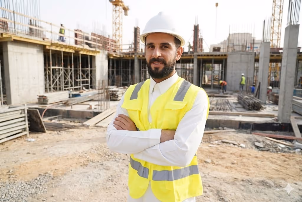 رجل عامل بناء يرتدي خوذة وعاكس أصفر يقف بذراعين متقاطعتين في موقع بناء مع هيكل مبنى قيد الإنشاء في الخلفية.