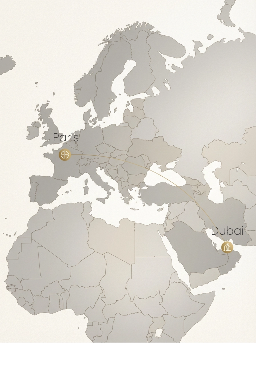 Map showing a curved flight path line from Paris, France to Dubai, United Arab Emirates with marked locations and icons.