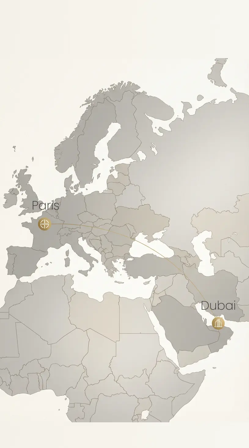 Map showing a curved flight path line from Paris, France to Dubai, United Arab Emirates with marked locations and icons.