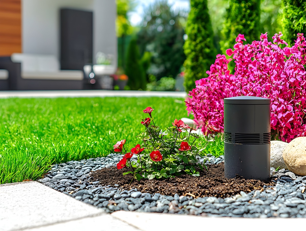 Outdoor speakers installed near patio seating area