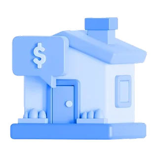 Blue 3D house icon with a dollar sign in a speech bubble, symbolizing real estate or property cost.