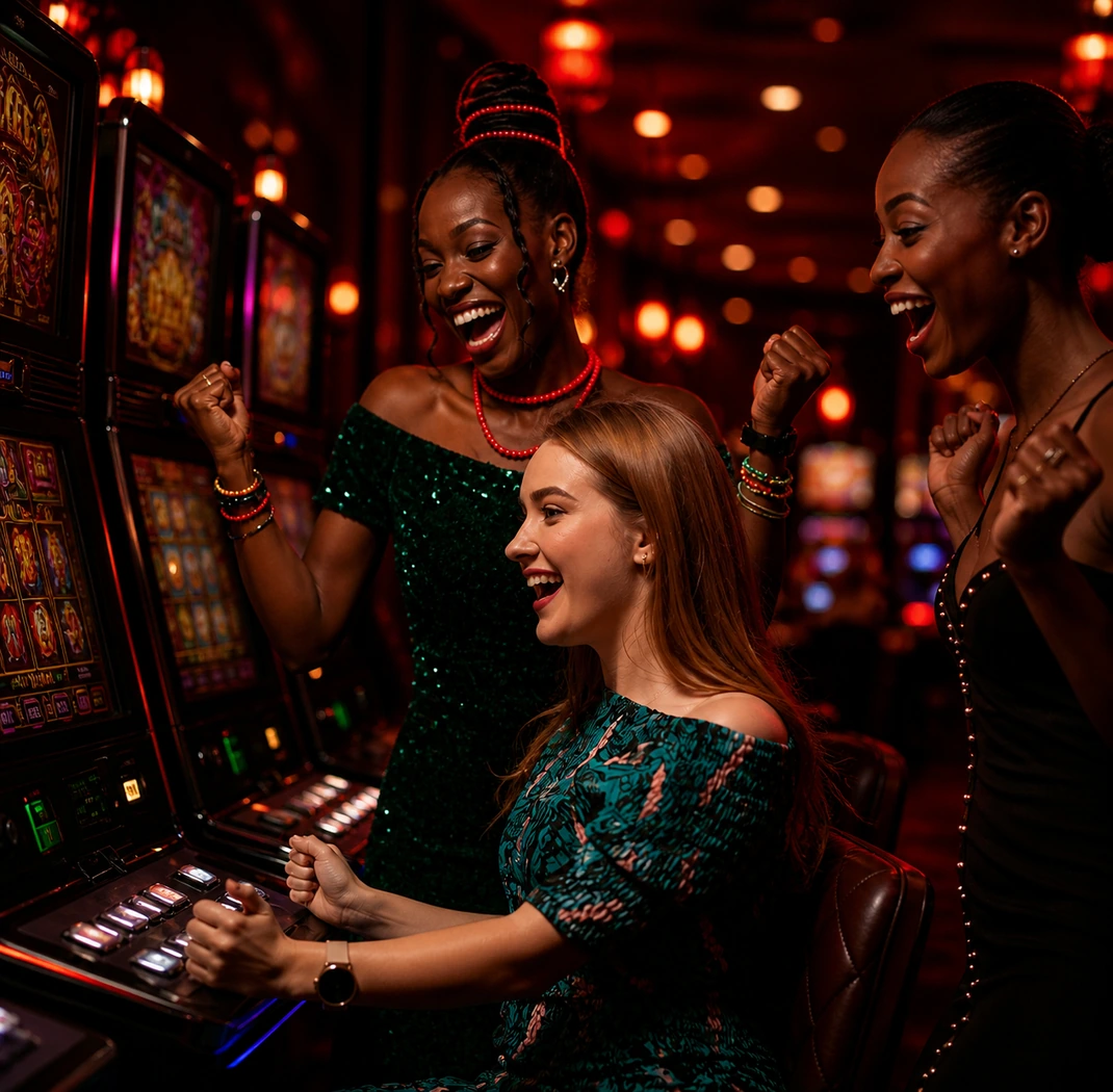 Three women celebrating a win at a casino slot machine, smiling and cheering in low red lighting.