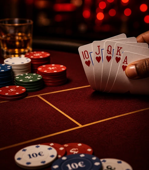 Close-up of a spinning roulette wheel with a shiny silver spindle in a casino.