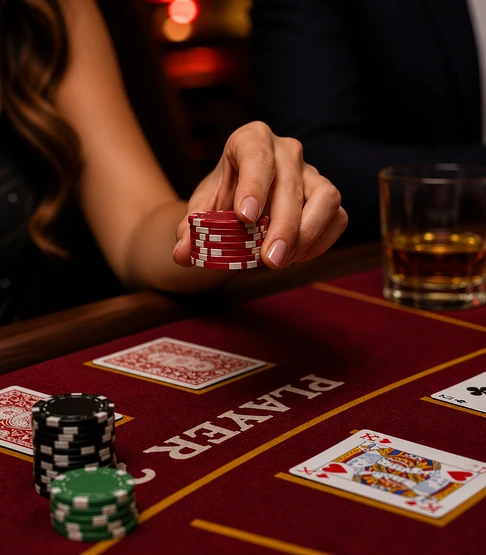 A person holding red poker chips above a casino table with playing cards and stacks of chips.