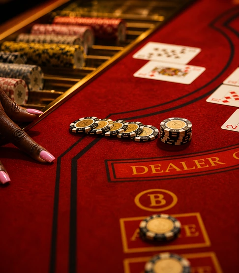 Black hand with pink nails placing poker chips on a red casino table with playing cards in the background.