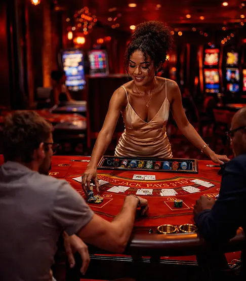 A female casino dealer in a beige outfit managing chips at a blackjack table with two male players seated.