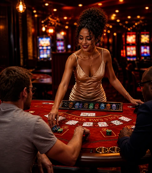 Dealer distributing chips at a blackjack table with two players in a dimly lit casino.