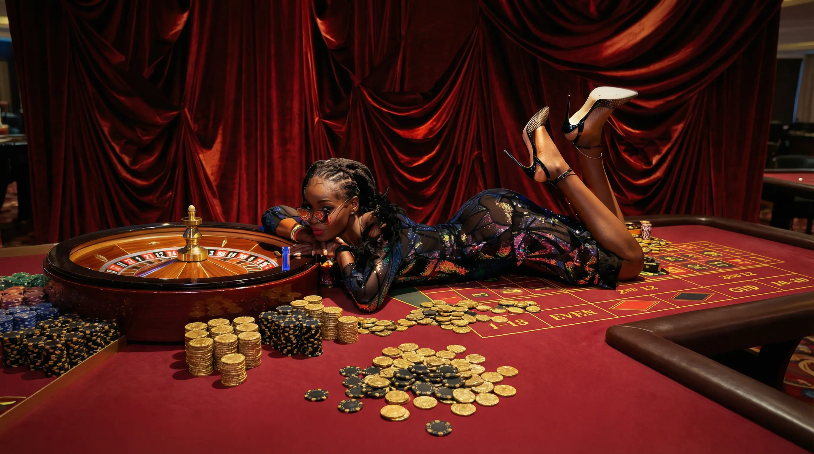 Three people at a casino table with a dealer in a metallic dress and slot machines in the background, under warm ambient lighting.