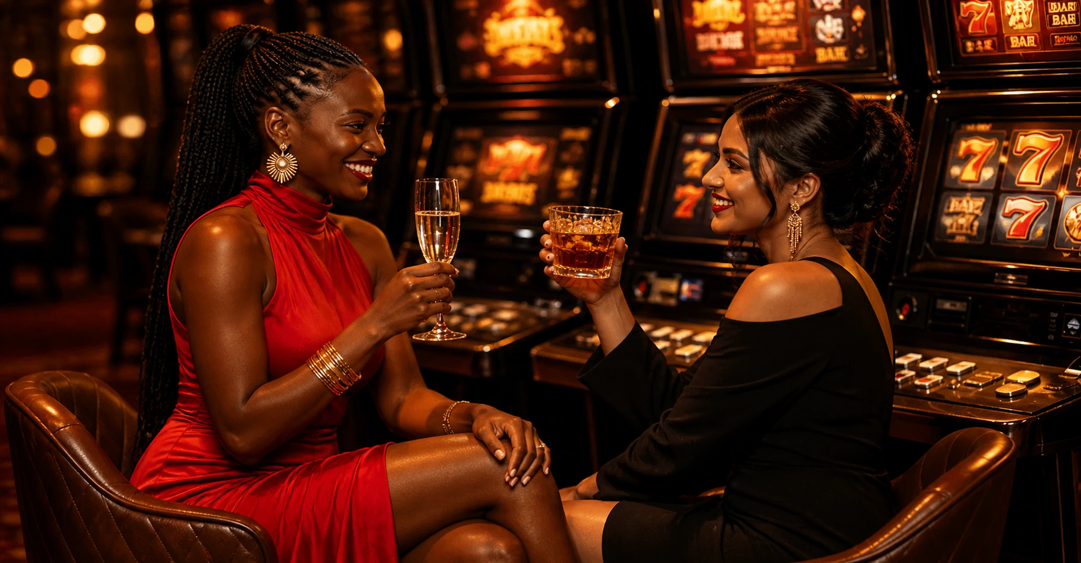 Two women sitting and smiling at each other while holding drinks in a casino with slot machines in the background.