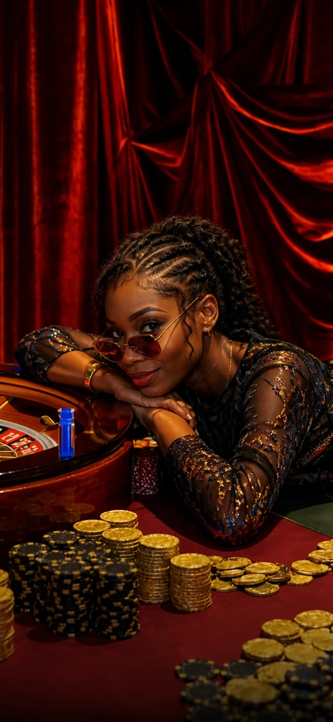 Woman with braided hair and cat-eye sunglasses leaning on a casino roulette table surrounded by stacks of poker chips.