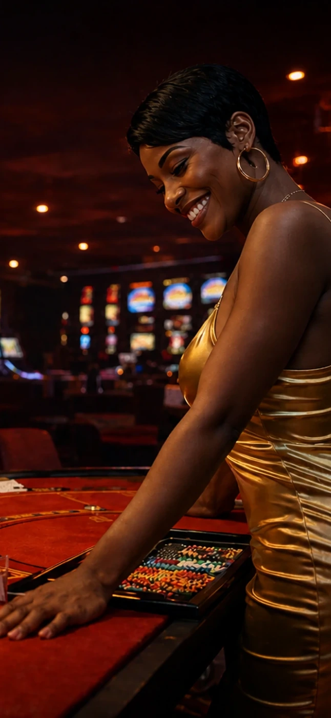 Woman in a gold dress leaning on a casino table with blurred slot machines in the background.