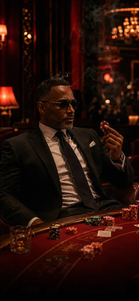 Man in suit and sunglasses stacking casino chips while woman in gold dress watches closely.