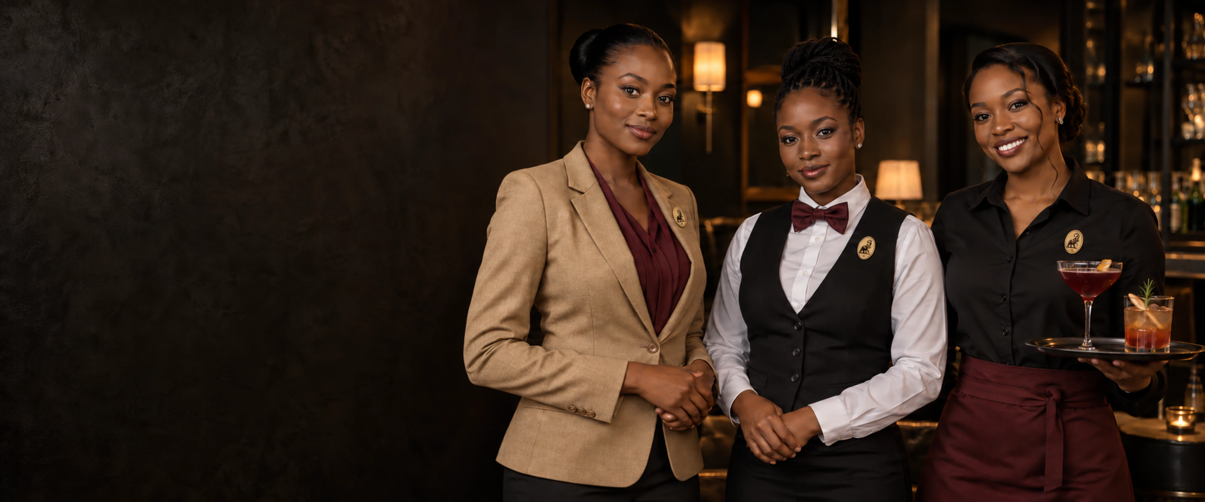 A team of gaming and hospitality professionals in dark and burgundy uniforms
