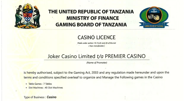 Mbeya casino licence issued by the Gaming Board of Tanzania to Joker Casino Limited, trading as Premier Casino