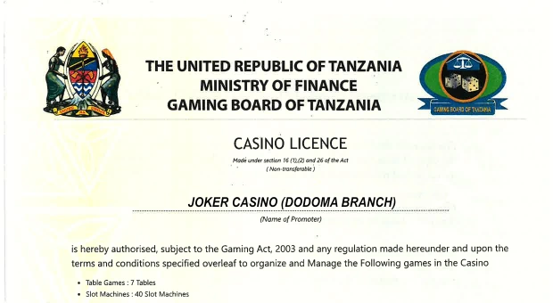Dodoma casino licence issued by the Gaming Board of Tanzania to Joker Casino (Dodoma Branch)