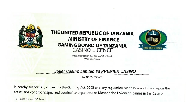 Mwanza casino licence issued by the Gaming Board of Tanzania