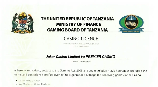 Arusha casino licence issued by the Gaming Board of Tanzania