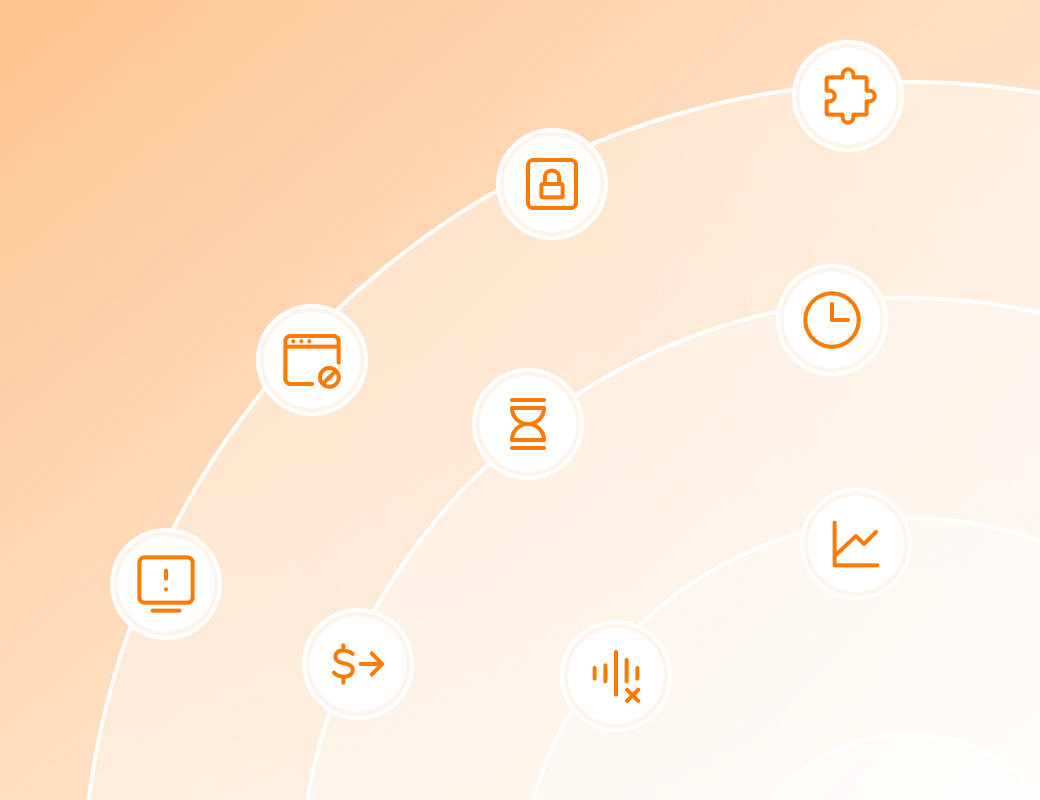 Orange line icons representing warning, blocked website, dollar with arrow, locked padlock, hourglass, muted sound, puzzle piece, clock, and upward trending graph on a peach gradient background with curved white lines.