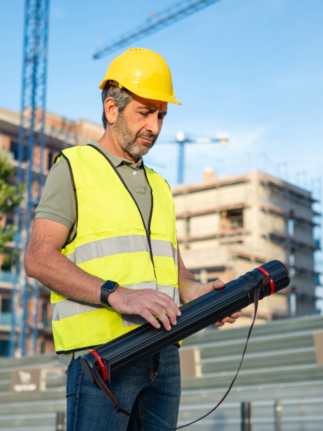 Stressed construction owner at the job site worried about cash flow.