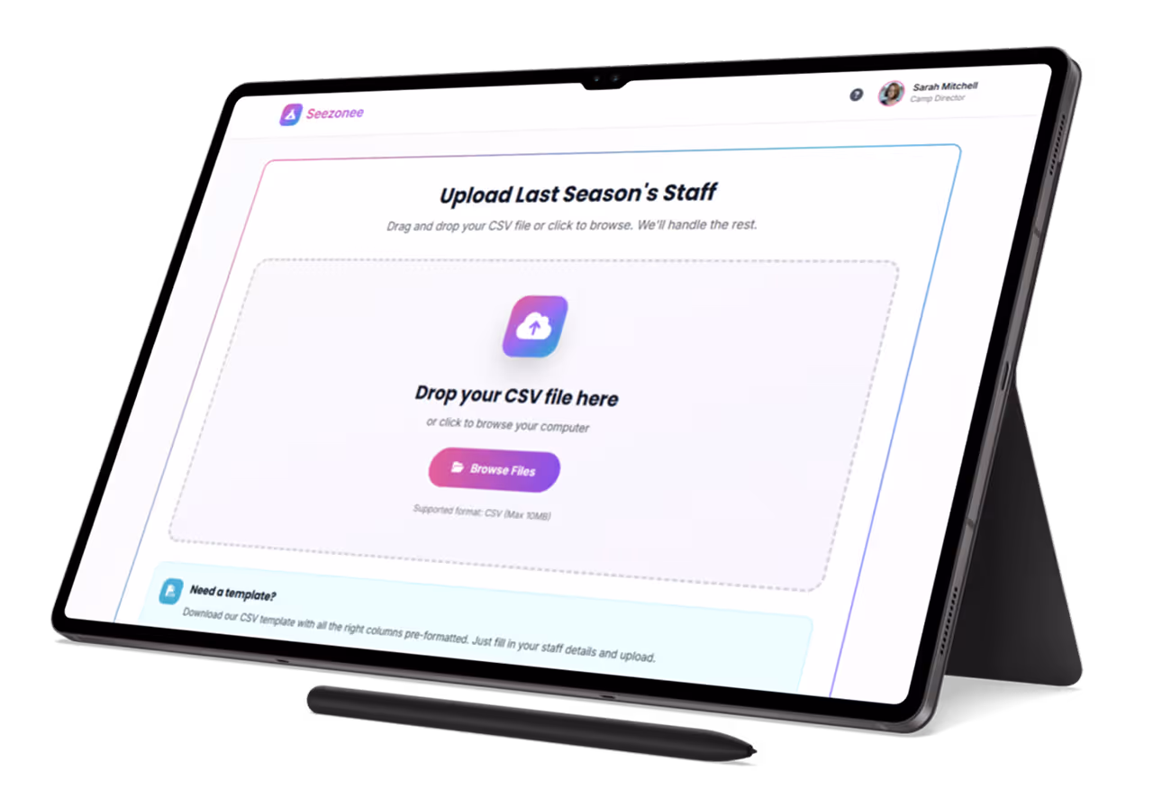 Tablet displaying a file upload interface titled 'Upload Last Season's Staff' with a drag-and-drop area for CSV files and a 'Browse Files' button.