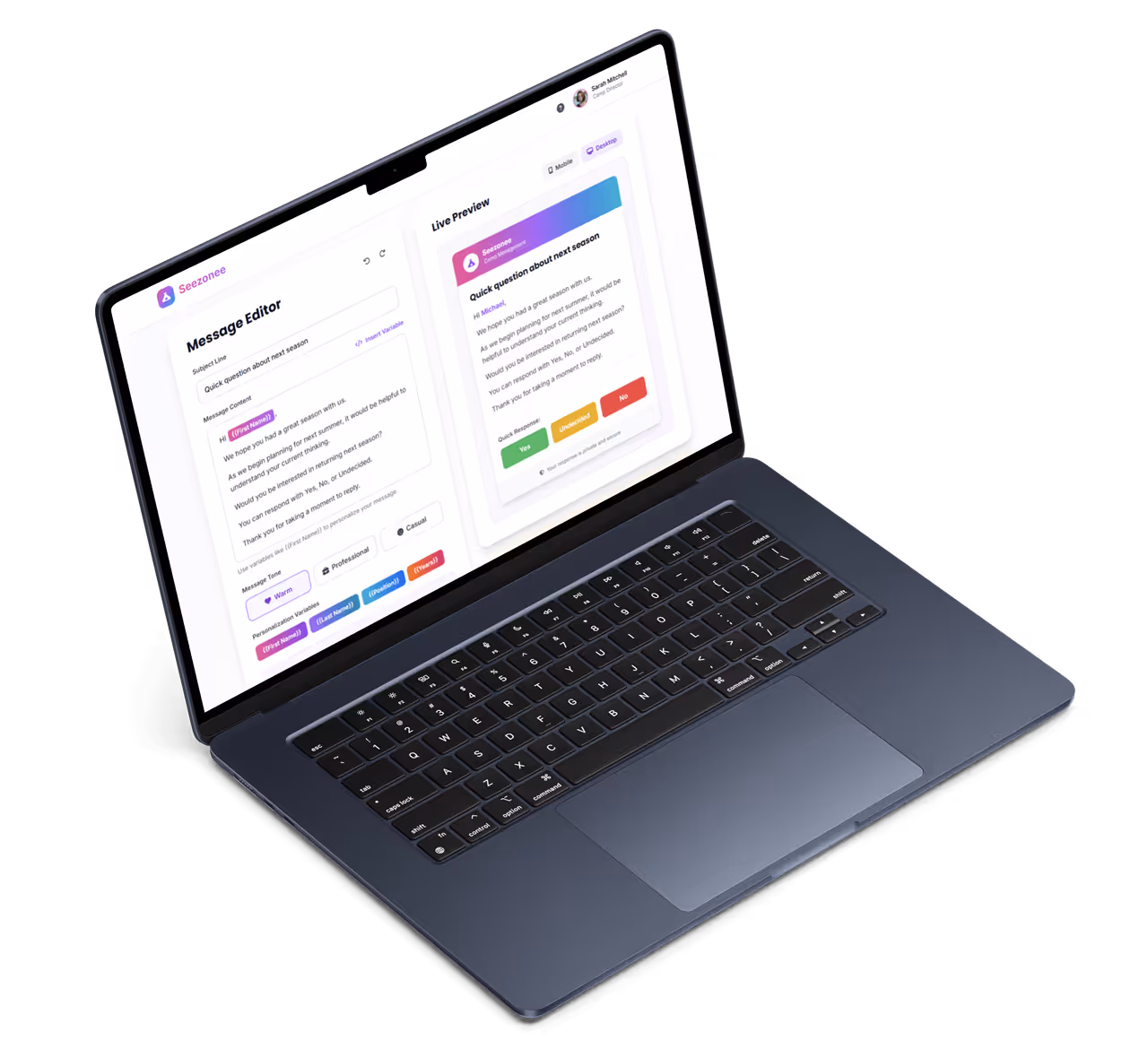 Open laptop displaying a message editor and a live preview of an email about next season planning with options to select message tone and personalization variables.