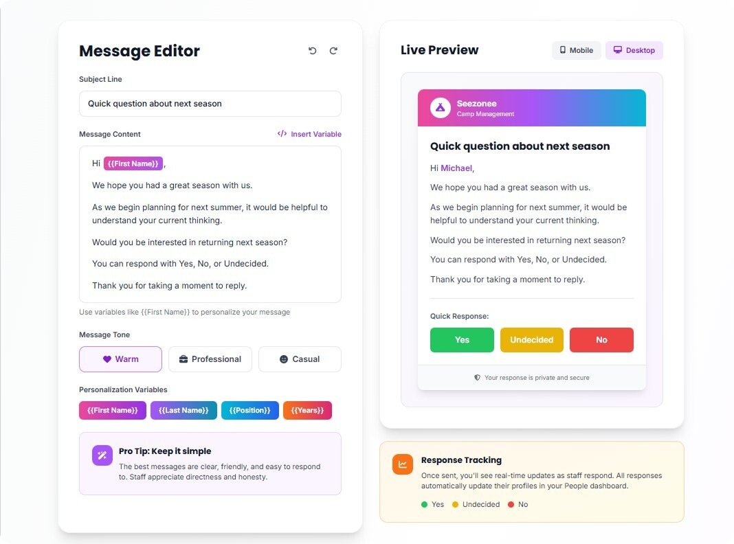 User interface showing a message editor with a customizable email about next season and a live preview of the message with quick response buttons Yes, Undecided, and No.