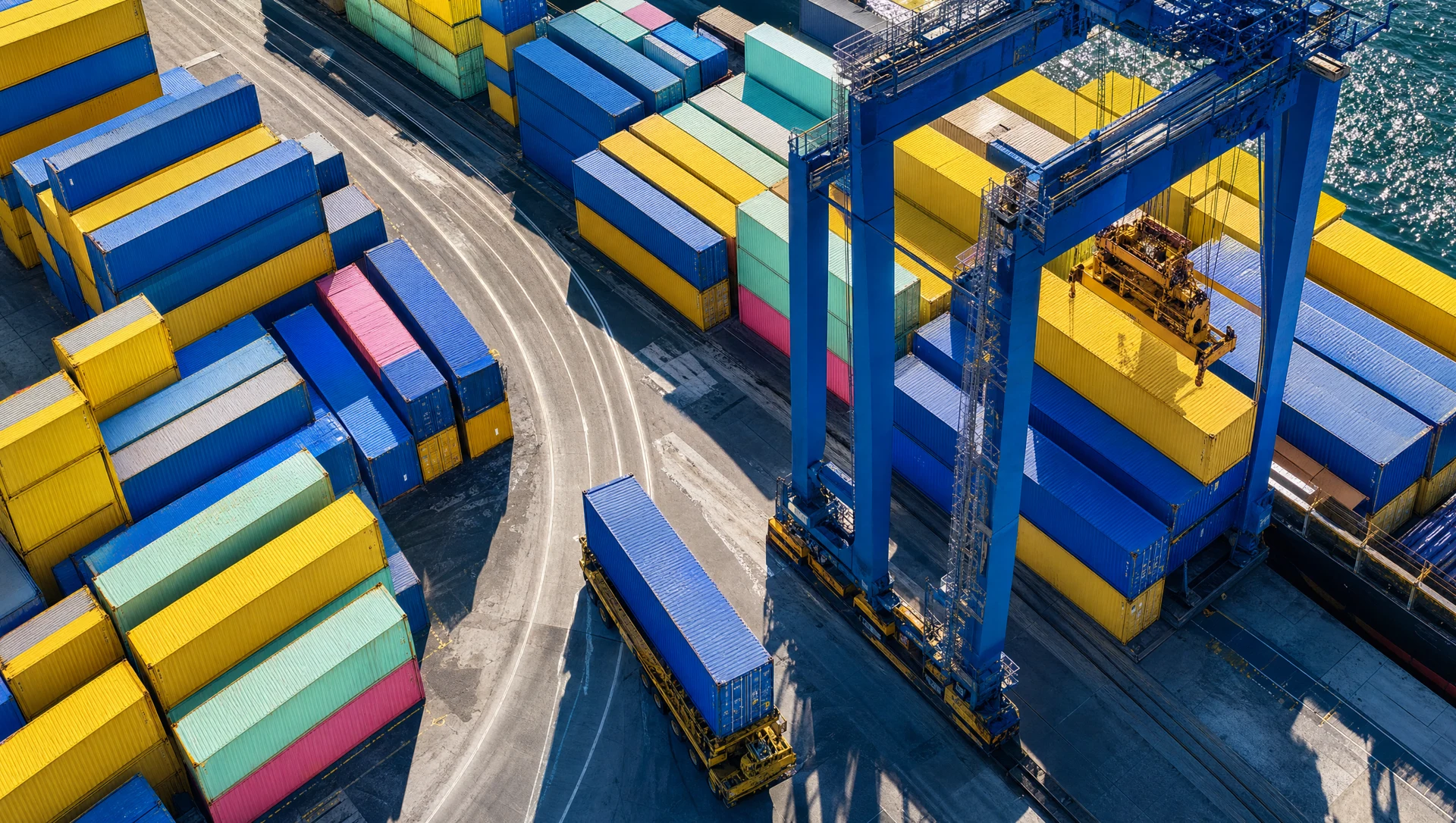 Aerial view of a busy shipping port with numerous stacked colorful shipping containers, a large blue container crane lifting a yellow container, and a blue container on a transport vehicle on the paved dock.