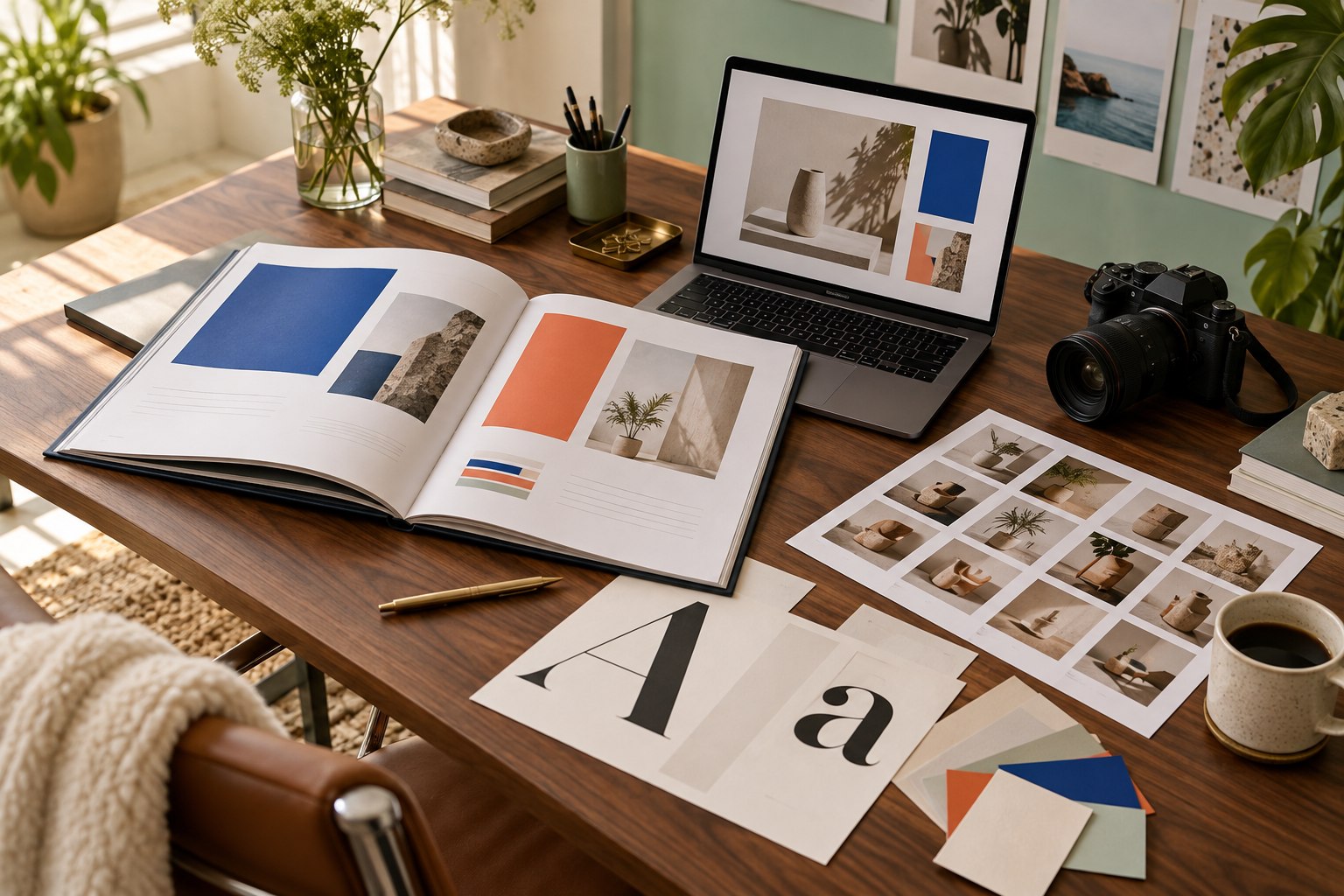 Illustrative creative studio workspace with campaign layouts, photography equipment and brand materials