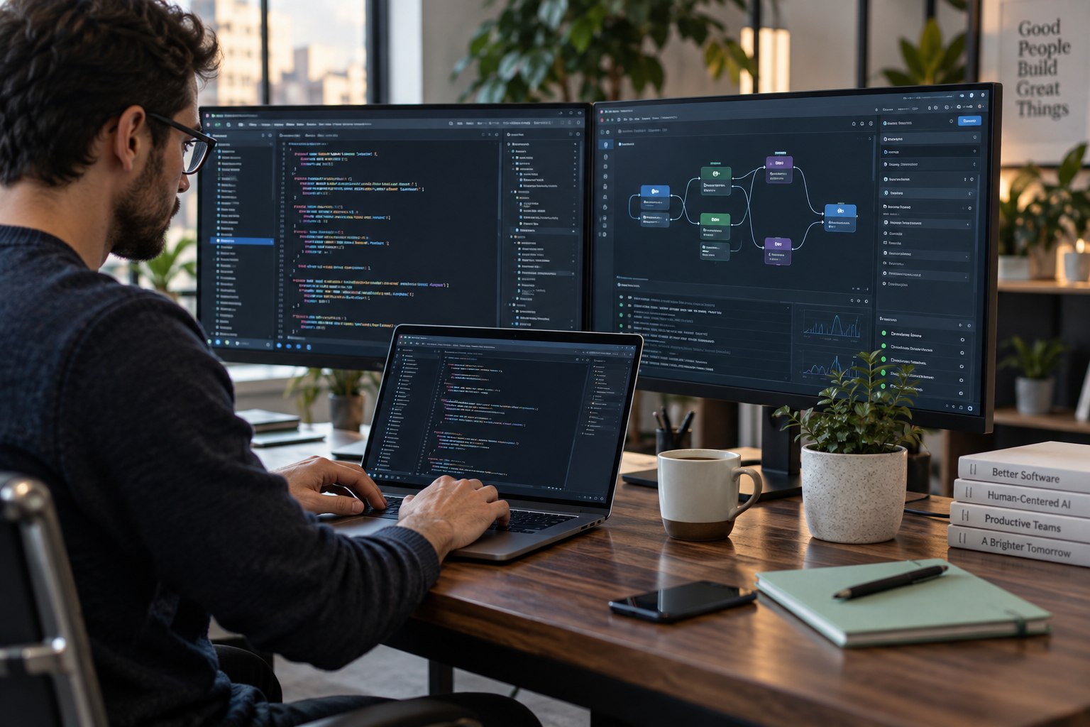 Illustrative technology specialist working on software and connected workflows