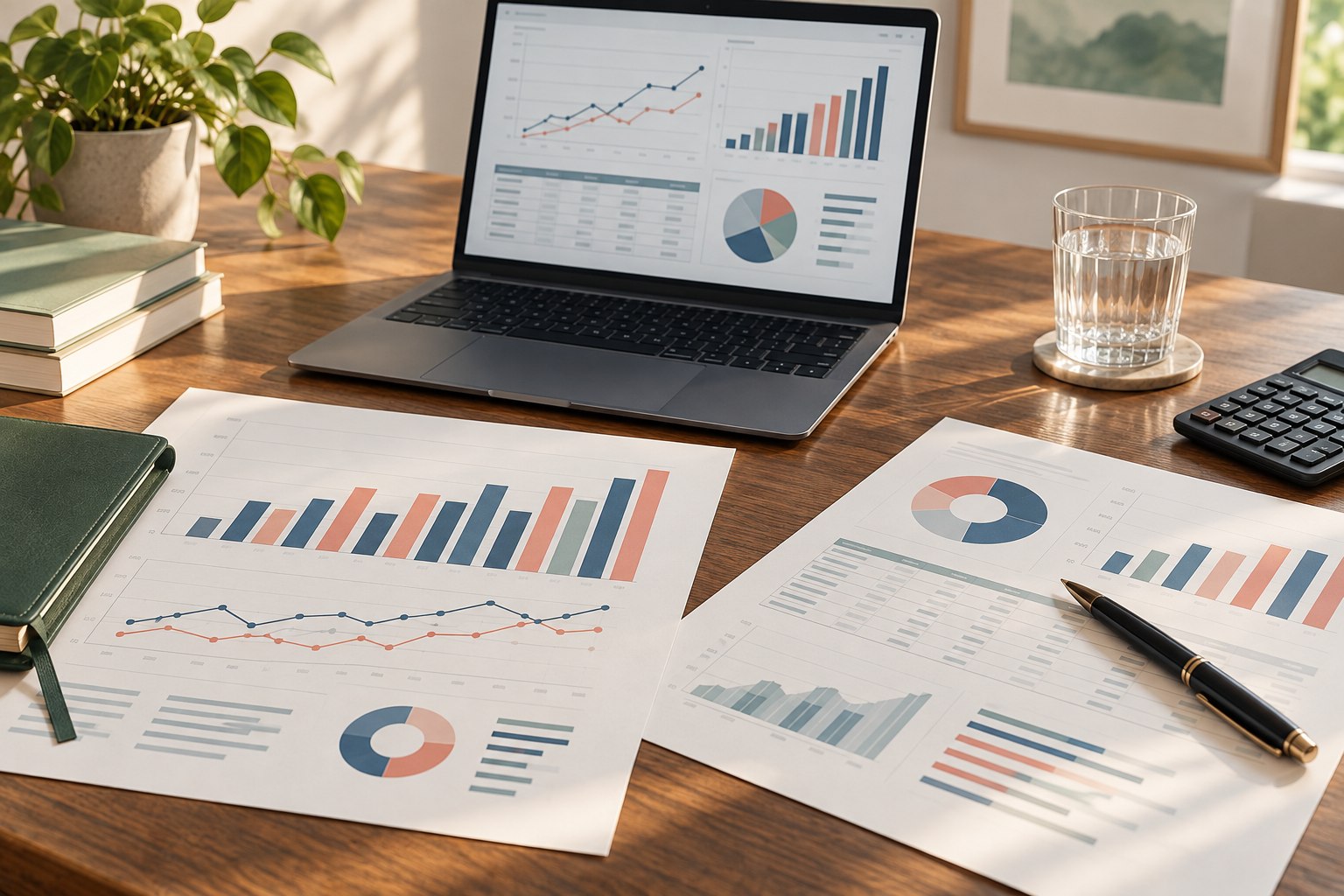 Illustrative financial planning desk with reports and analysis