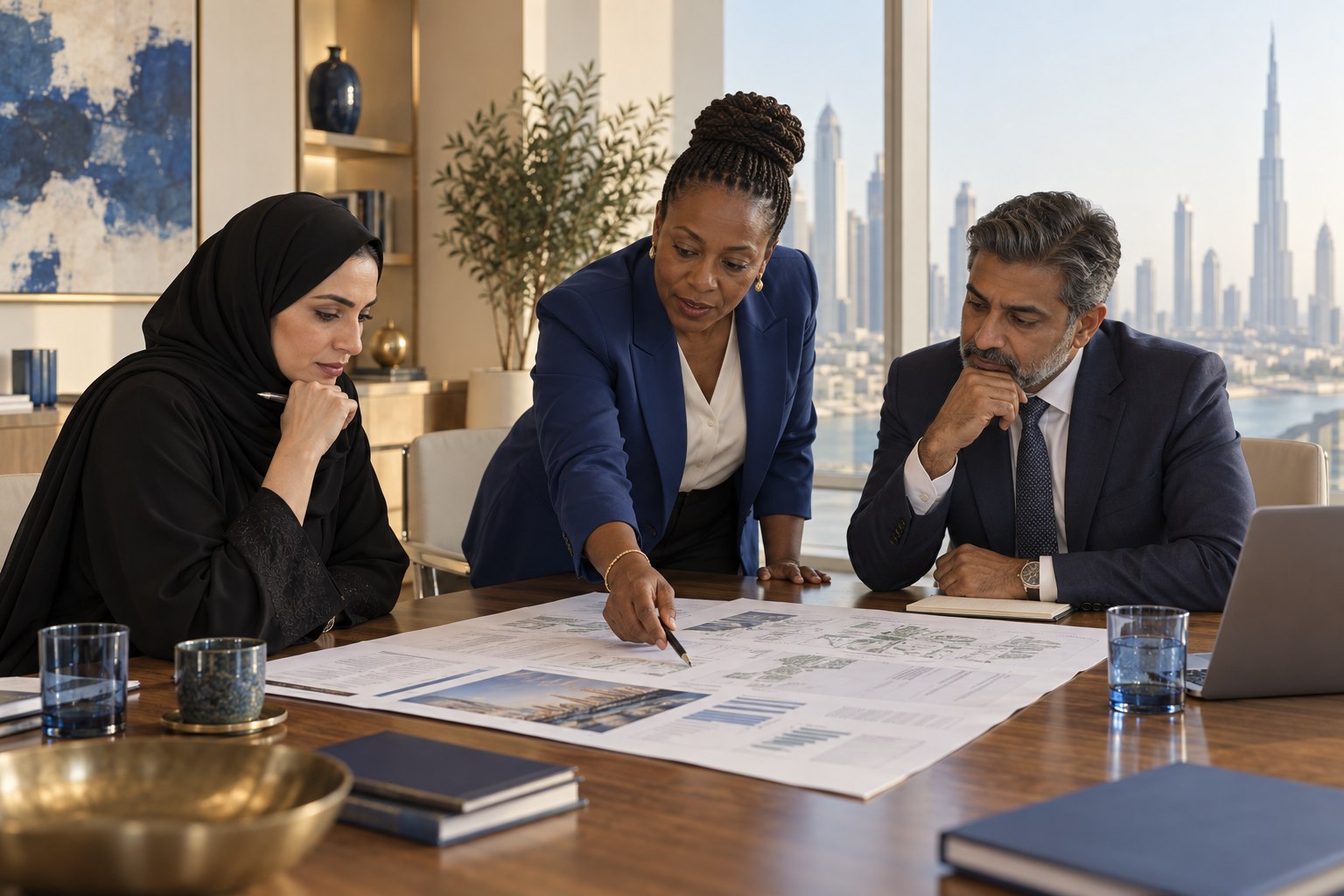 Illustrative business leaders reviewing a strategic plan
