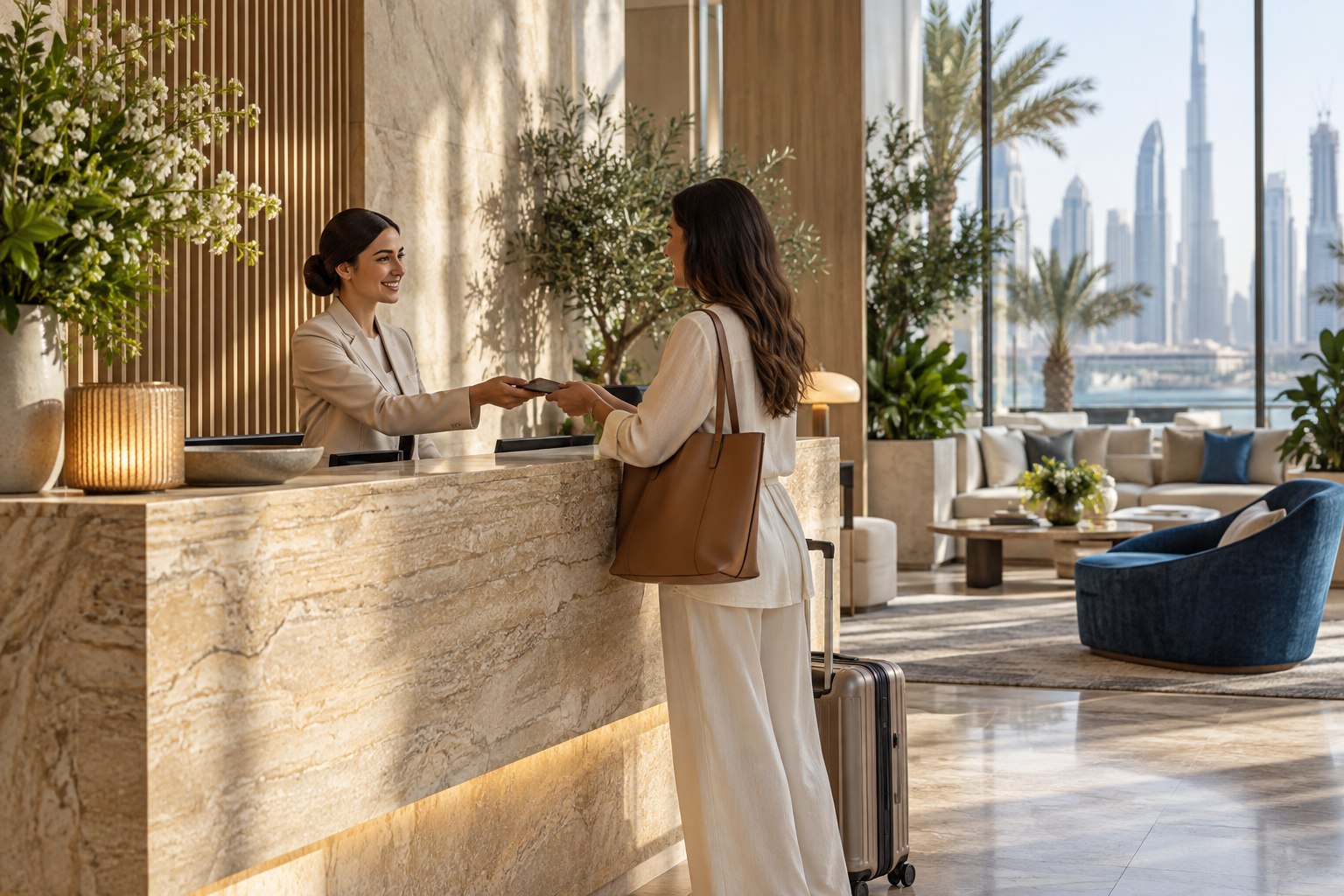 Illustrative premium hotel reception and guest-service environment