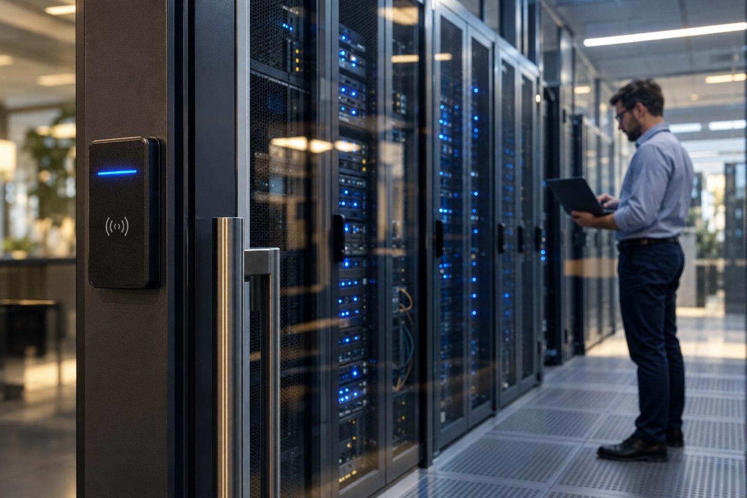 Illustrative IT professional inspecting server infrastructure
