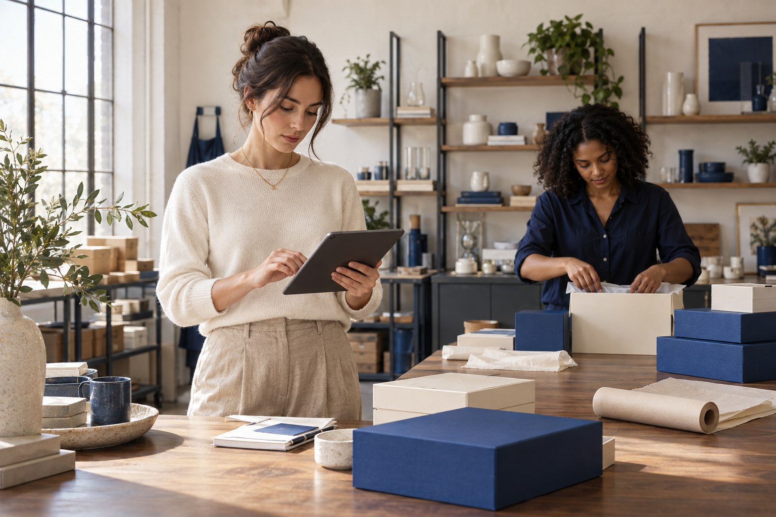 Illustrative retail business owners checking and packing an e-commerce order